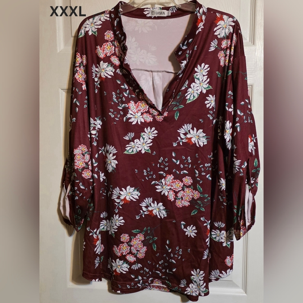 Maroon Floral V-Neck Blouse